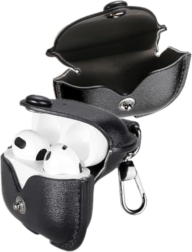 Image of Meyaar Leather Cover Case Compatible with AirPods 4 and AirPods 4 with Active Noise Cancellation (ANC) (2024) Front LED Visible. (Black)