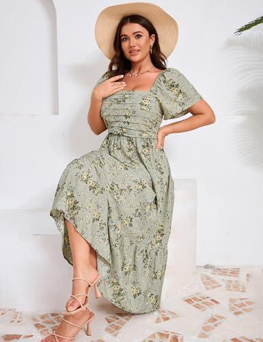 Image of ShopWonder Women Plus Size Dress Short Sleeve Square Neck Floral Maxi Pleated Ruffle A Line Long Dress