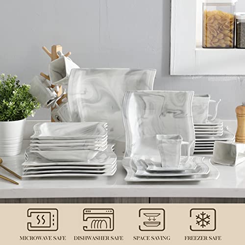 Malacasa Dinnerware Sets, 30 Piece Marble Grey Square Plates And Bowls Sets, Porcelain Dinner Set With Dishes, Plates Set, Cups And Saucers, Modern Dish Set For 6, Series Flora #TOP3