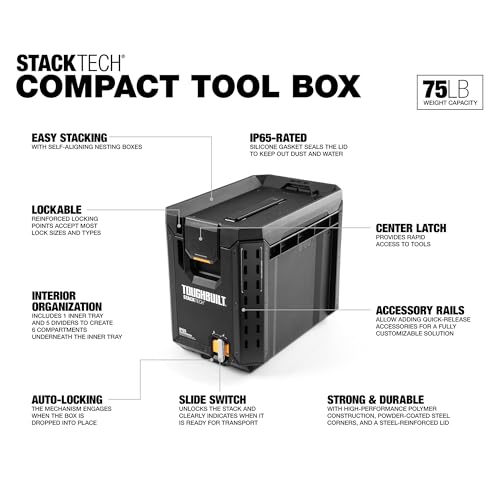 Image of ToughBuilt - StackTech Compact Tool Box, Lockable Organizer with Removable Tray, IP65 Protection & Auto-Locking System (TB-B1-B-60C)