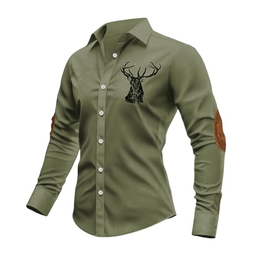 Generisch Camisa tradicional para hombre con bordado de ciervo - Camisa de manga larga con parches en los codos | Camisa moderna en estilo rústico y cazador, Style_a02 Verde, 3XL