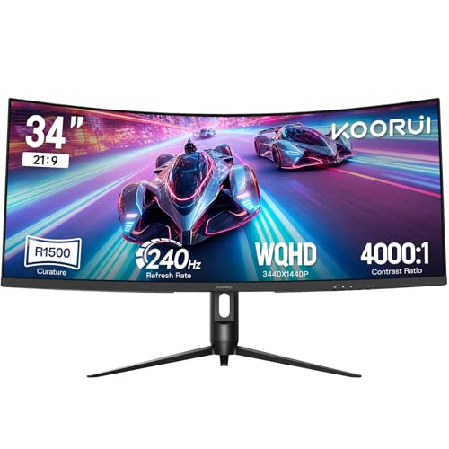KOORUI 34 inch Ultrawide Curved Gaming Monitor 240Hz, PIP/PBP, 3440x1440P, 21:9 Display, 1500R Curvature. 1ms, Adaptive Sync, DP, HDMI, Vesa amoun,Support PS5,Computer Monitor G3441XC