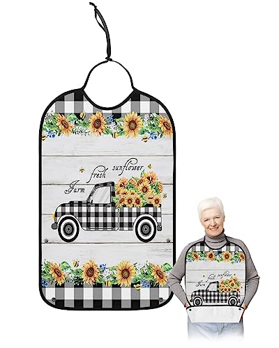 Sunflower Adult Bibs for Eating, Waterproof Bibs with Food Catcher & Adjustable Snap Closure, Black White Plaid Truck Spring Floral Wood Washable Clothing Protectors Adult Bibs for Elderly Women/Men