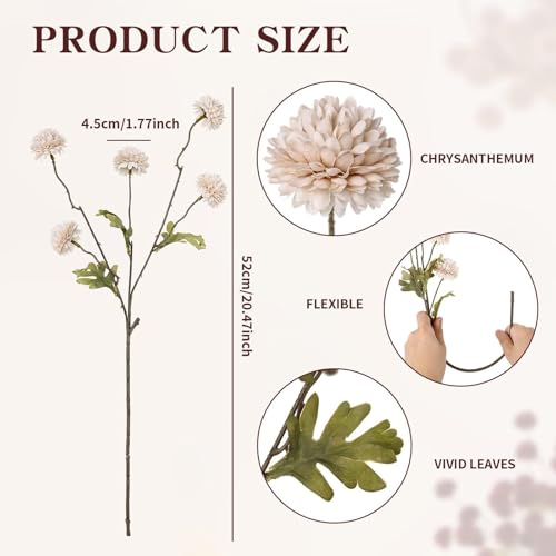 8Pcs Faux Silk Pompon Mum Artificial Flowers, Realistic Fake Mini Chrysanthemums with Stems for DIY Bouquets, Wedding Champagne Arrangements Decorations (Bianco chiaro) image 4
