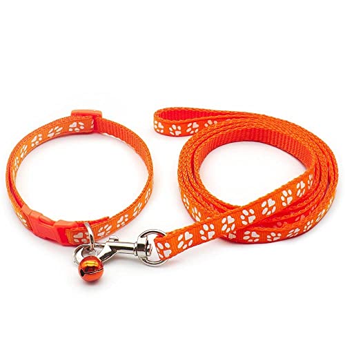 Small Dog Puppy Pet Collar and Lead Set Pawprint Design Nylon Adjustable Size 19-32cm Collar with Bell and 120cm Leash Orange - Image 2