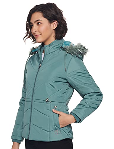 Image of Qube By Fort Collins Women's Regular Fit Nylon Bomber Jacket with Detachable Hood - Stylish & Comfortable Winter Wear