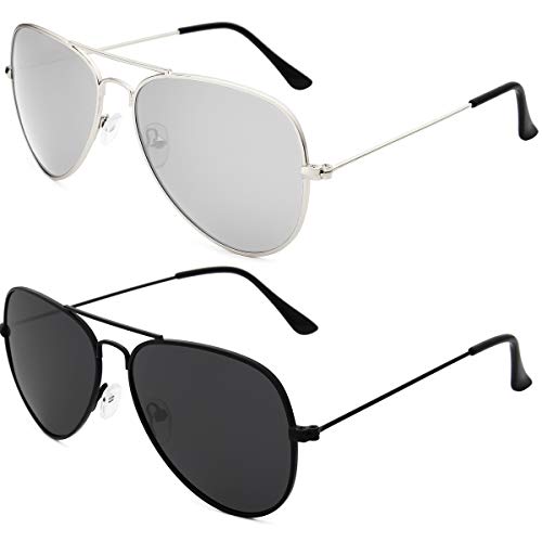 livho G Sunglasses for Men Women Aviator Polarized Metal Mirror UV 400 Lens Protection (Black Grey+Silver Lens)