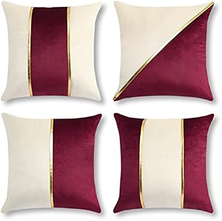 JOTOM Velvet Cushion Covers 45x45 cm Cozy Decorative Throw Pillow Case Patchwork Gold Leather Striped Luxury Modern Square Pillow Cover for Couch Bedroom Living Room Sofa Car Decor Set of 4 (Burgundy)