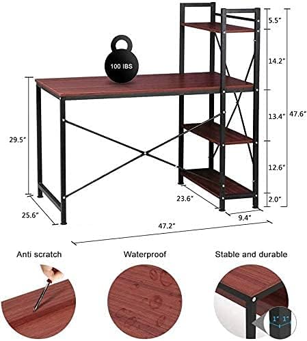 Dripex Tower Computer Desk with 4 Tier Shelves - 47.6'' Multi Level Writing Study Table with Bookshelves Modern Steel Frame Wood Desk Compact Home Office Workstation (Reddish Brown)