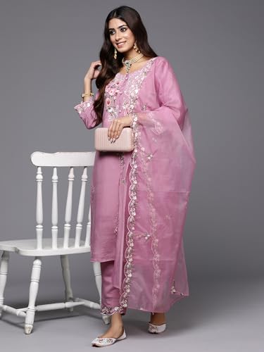 Image of INDO ERA Women's Embroidered Silk Blend Calf Length Straight Kurta Trousers With Dupatta Set