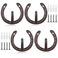 Zyghjort 4 Pcs Cast Iron Wall Hooks, Vintage Horseshoe Shaped Coat Hangers, Rustic Farmhouse Decor for Hanging Hats, Towels, Bags, Heavy Duty 35lbs Capacity, Western Room & Bathroom Organizer (4\"x4\")