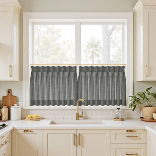 Image of TWOPAGES 26 inch inch W x 45 inch inch L Linen Blend Cafe Curtains for Kitchen Window, Light Filtering Pinch Pleated Tier Curtains, Modern Farmhouse Half Window Curtains for Small Window, Carbon Grey, 2 Panels