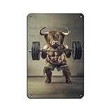 Highland Cow Lifting Weights, Funny Gym Wall Art, Decor Animals, Working Out Bodybuilding, Quirky, Animal Humor Print, Tin Sign Vintage Metal Pub Club Cafe Bar Home Wall Art Decoration