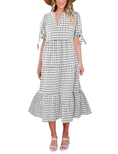 Image of Theenkoln Womens Casual Midi Dress: Short Sleeve V-Neck Empire Waist Gingham Spring Fashion Long Trendy Tiered Formal Dresses