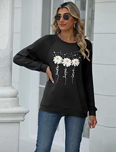 Eadinve Women Crewneck Sweatshirt Long Sleeve Faith-Hope-Love Daisy Print Tunic Tops Loose Fit Pullovers Shirts Black #TOP2