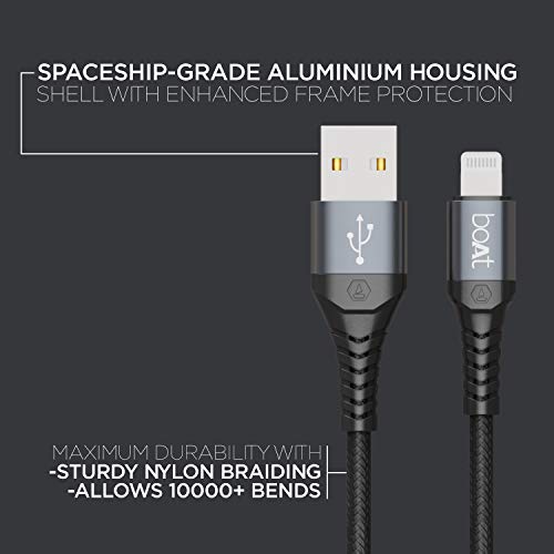 Image of Boat LTG 550V3 Lightning Cable Apple Mfi Certified with Spaceship Grade Aluminium Housing,Stress Resistance, Rapid 2.4A Charging &480Mbps Data Sync, 1M Length & 10000+ Bends Lifespan(Mercurial Black)