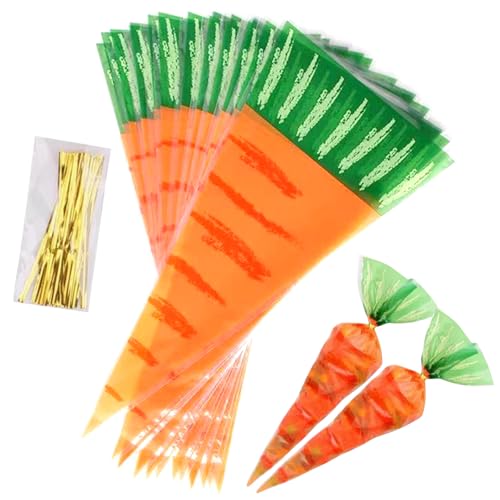Carrot Shaped Treat Bags 100Pcs 7.9x16In Easter Cone Cellophane Gift Bags Easter Plastic Triangle Cello Bags Orange Carrot Bags for Treat with Twist Ties for Cookies Candy Party Favor Supplies