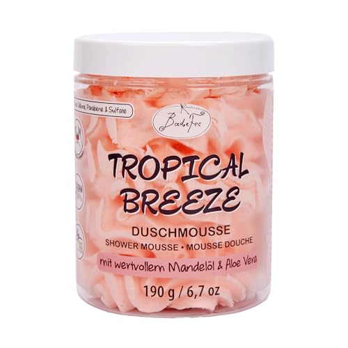 BadeFee Mousse de ducha Tropical Breeze 190 g – Cuidado hidratante con aceite de almendras y aloe vera – Vegano y cosmética natural – Sin parabenos ni siliconas – Fragancia de pomelo – Hecho a mano en
