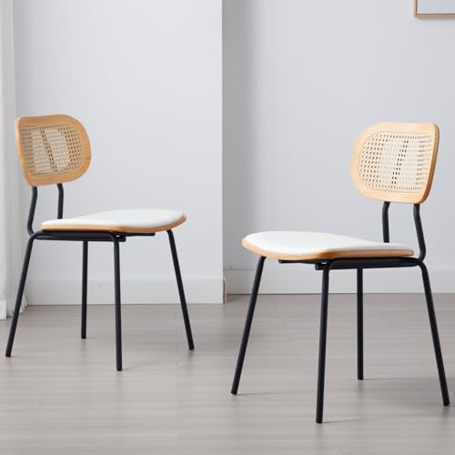 Ya-Home Chaise de Salle à Manger Lot de 2 Vintage Chaise Cuisine avec Dossier en Rotin, Pieds en Métal, Fauteuil de Dîner Moderne pour Cuisine, Blanc