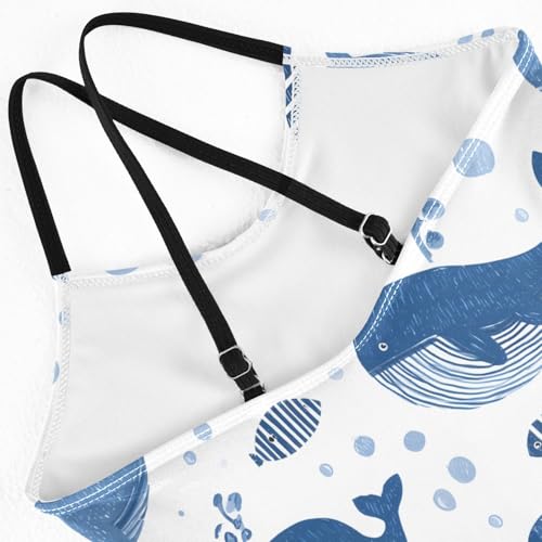 Girls Swimsuit Blue Whale Fish Bubbles Pattern One Piece Swimwear4