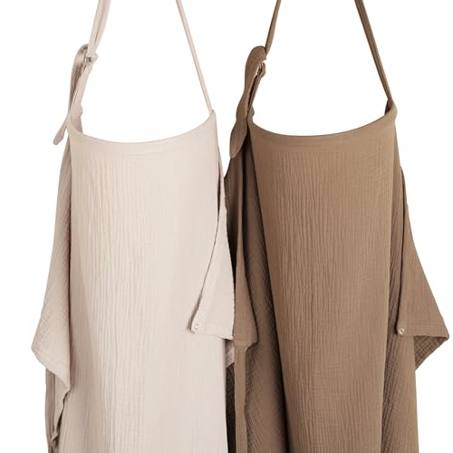 Image of Konssy 2-Pack Muslin Nursing Cover Up for Breastfeeding Moms with Rigid Hoop, 100% Cotton, Lightweight & Breathable Breastfeeding Cover, Adjustable & Comfort