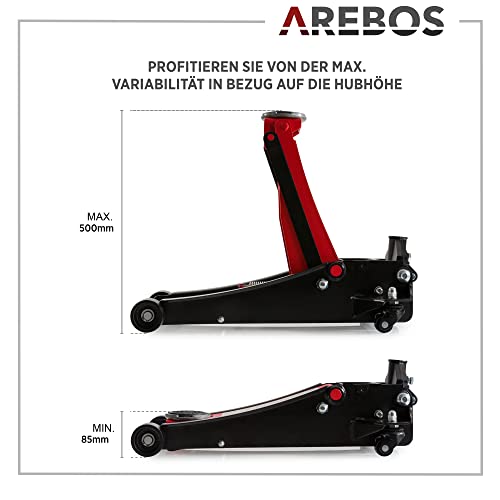 Arebos 3T Hydraulischer Rangierwagenheber flach | Unterfahrhöhe 85-500 mm | Doppelkolben | 3 Auflagen | Wagenheber Jack | Heber Ständer KFZ Auto PKW