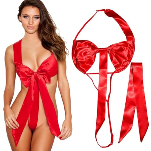 Satin Schleife Teddy Dessous Damen, Sexy Reizwäsche, Body Damen Sexy Dessous Bodysuit BH mit Bügel Overall Reizwäsche, Damen Einteiliger Body...