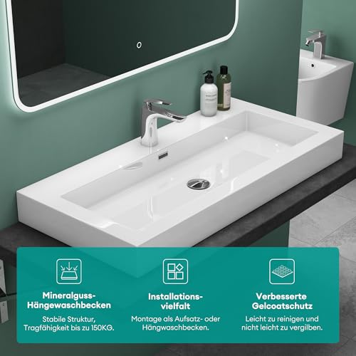 Mai & Mai Waschbecken Col18 Hängewaschtisch Aufsatzwaschbecken Mineralguss Weiß 1 Armaturenloch rechteckig Breite: 100 cm