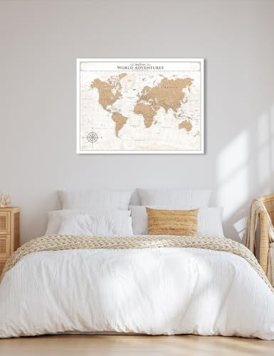 Image of IPIC - Vintage Push Pin World Map Canvas Wall Art, Oversized Travel Map Print for Travel Lovers, Push Pin Wall Decor for Home, Office, Study or RV, Ready to Hang
