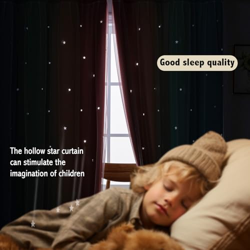 Image of indistar Colourful Stripe Star Cut-Out Blackout Curtains for Bedroom,2 Layers Mix Design of Fabric & Tulle,Pretty Window Curtain for Kids Room 1 Panel (W52 x L95 Rainbow)