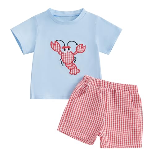 Image of vchoohce Toddler Baby Boy Shorts Set Seafood Embroidered Short Sleeve T-shirts Plaid Elastic Waist Shorts Summer Clothes