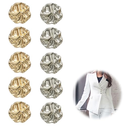 10 hermosos botones de vástago de color dorado y plateado, botones de aleación de zinc de forma irregular, botones de metal dorado de 23 mm para cárdigans, abrigos y manualidades