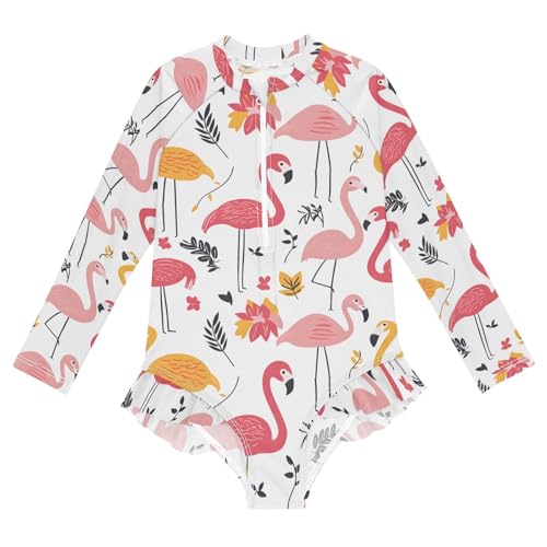 Flamingo Leaf Pattern Girls Long Sleeve Swimsuit Rash Guard One Piece Bathing Suits Zipper 3-12T