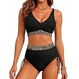 High Waisted Bikini Sets for Women Tummy Control Swimsuit 2-Piece – with Flattering Ruching & V-Neck, Adjustable & Removable Padded for Beach, Pool & Vacation (UK, Alpha, S, Regular, Regular) Black