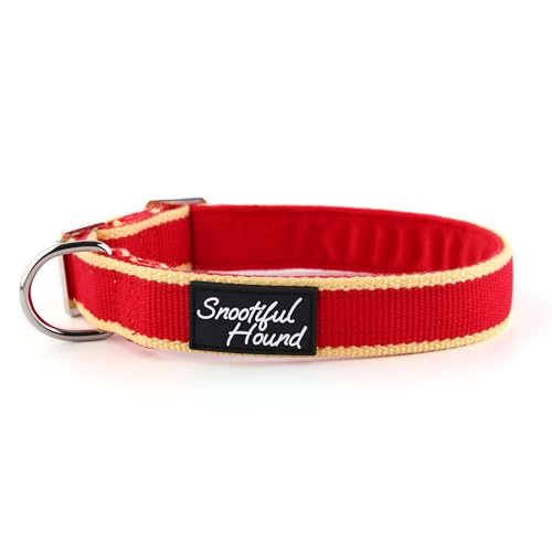 Snootiful Hound Buckleless Dog House Collar - Organic Bamboo & Soft Velvet Lining - Greyhound/Whippet House Collar - Ideal for long term wear for ID (Red & Yellow, 30-46cm)