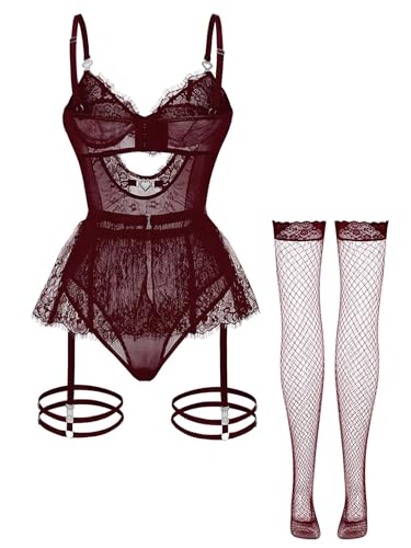 Image of Foxiny Sexy Lingerie Set 3 Piece Women Corset Bodysuit | Sheer Mesh Lace Push-Up Underwire Heart Garter Stocking Plus Size Curvy Exotic Costume Halloween Christmas Valentine's Day