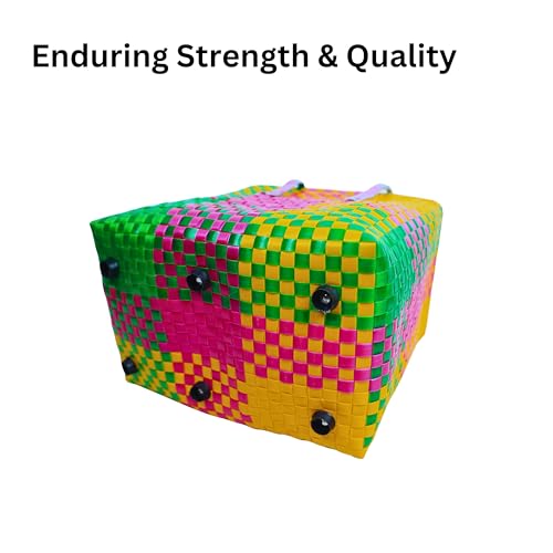 Image of Hand Made Multipurpose Plastic Basket with Lid | Eco-Friendly, Washable, Rust-Free Storage Basket for Kitchen, Picnic, Toys, Travel, Office | Lightweight basket (Pink with Green, Extra Small)