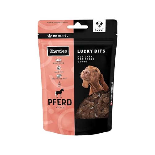 Chewies Lucky Bits Pferd Adult Hundeleckerli - Hunde-Leckerlis getreidefrei & Soft mit viel Protein und Superfoods wie Bierhefe oder Ginkgo, ohne Zucker (80 g)