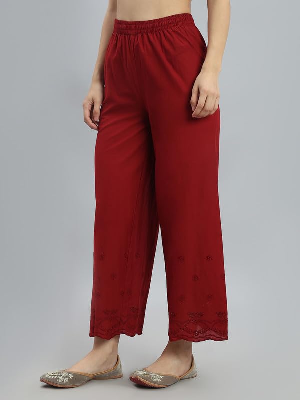 Image of GO COLORS Women Cotton Hakoba Wide Pant Ankle Length, Floral Embroidery, Relaxed Fit, Mid-Rise with Side Pocket