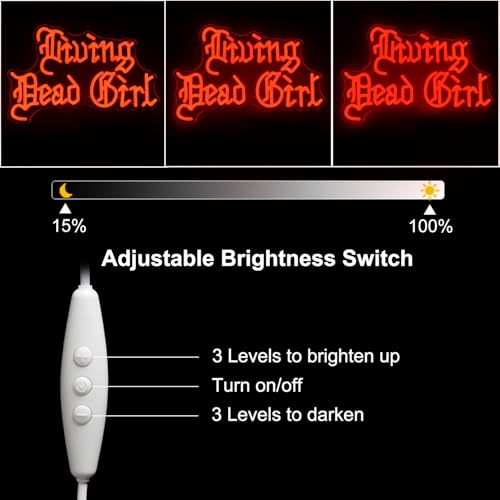 Image of Living Dead Girl Neon Sign Gothic Scary LED Light for Room Halloween Decor | Dimmable Phrase Neon Light Up Sign, Acrylic Red Letter LED Sign, Old English Font Word Neon Light, Bedroom Horror Party Decor