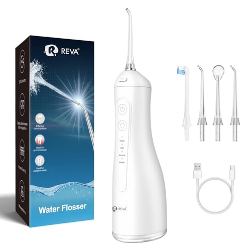 R REVA Portable Water Flosser for Teeth - 4 Modes Cordless Oral Irrigator with 300ML Tank, 360° Rotating Nozzle, 4 Jet Tips, Rechargeable, IPX7 Waterproof, Low Noise Gravity Ball Design (M159 - White)