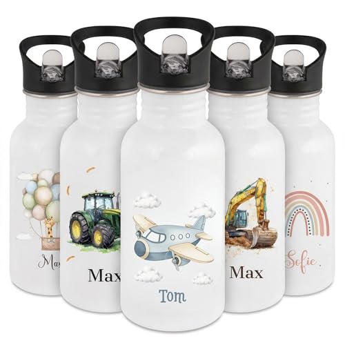 smartaini Personalisierte Trinkflasche für Kinder mit Namen Auslaufsichere Edelstahl Trinkflasche für Schule & Kindergarten Robuste Wasserflasche mit Sportverschluss & Griff (Flugzeug)