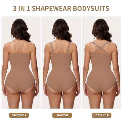 Image of Women's Strapless Shapewear Bodysuit Seamless Tummy Control Triangle Body Shaper Removable Straps Summer Tube Tops