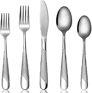Cutlery Set, 30 Piece Stainless Steel Cutlery Set Hammered Flatware Set Modern Design Mirror Polished Dishwasher Safe Silverware Set Service for 6 People