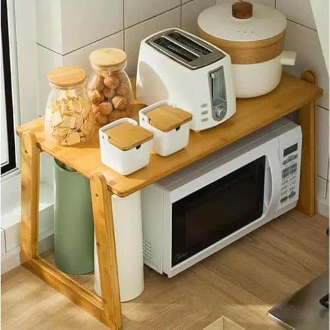 2-Tier Heavy Duty Eco-Friendly Bamboo Microwave Oven Rack Toaster Shelf Tabletop Japanese Style Tand Kitchen Counter Top Shelf Organizer (Size : 60 * 35 * 40cm)