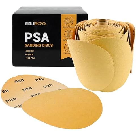 BELINOVA 100PCS 6 inch PSA Sanding Discs 80 Grit Self Adhesive Sticky-Back Sandpaper for DA Sander Orbital Sander Aluminum Oxide Sanding Disc Roll for Woodworking Metal Finishing Cover