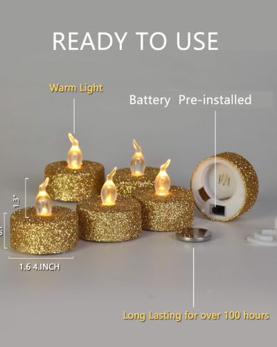 Image of 12PCS Gold Glitter Tea Lights Candles Battery Operated with Timer