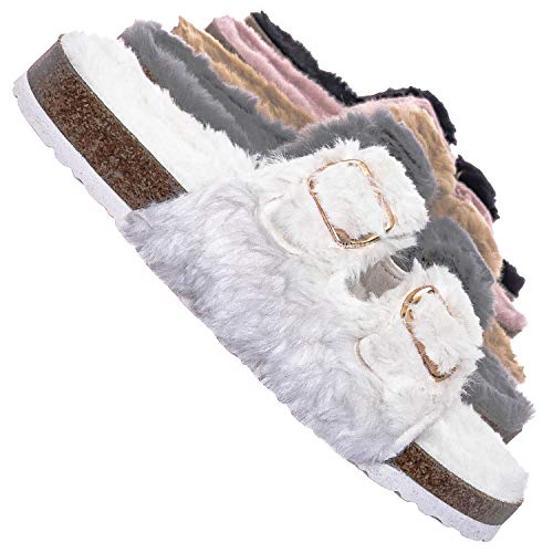 Faux Fur Molded Footbed Slipper - Furry Slide In Cork Slide Sandal