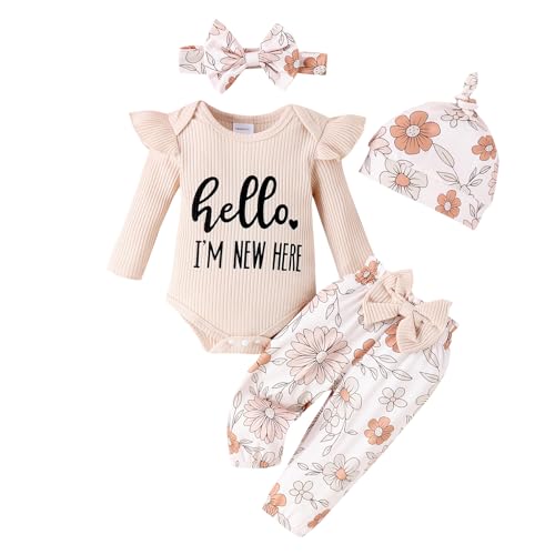 Image of Sinhoon Newborn Baby Girl Clothes Hello I'm New Here Letter Romper+Floral Pants+Hat+Headband+Coming Home Outfits