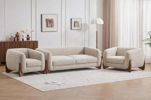 Image of Upholstered 3 Seater Sofa Three Seater Sofa with Wooden Legs for Living Room Hotels & Offices (Boucle Beige 3+1+1 Sofa Set)